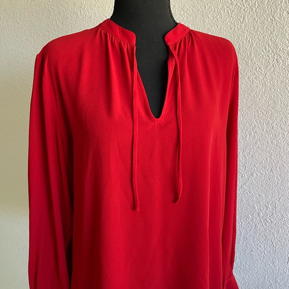 LOFT • Stylish Tie-Neck Bright Red Long Sleeve Pop of Color Blouse - Picture 4 of 8